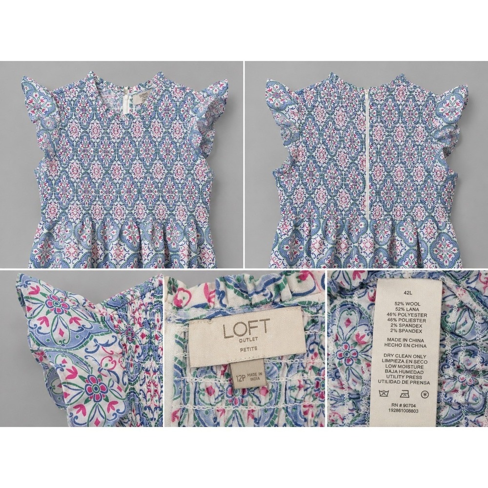 LOFT French Blue Tile Floral Smocked Midi Dress Petite 12P - Picture 2 of 3
